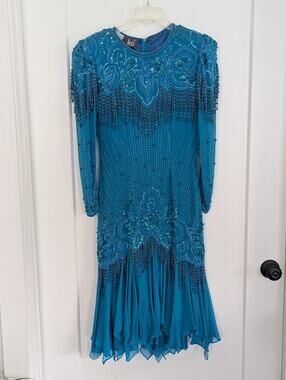 Vtg MODI 100% Silk Hand Beaded & Sequined Fringe Cocktail Dress Sz 8